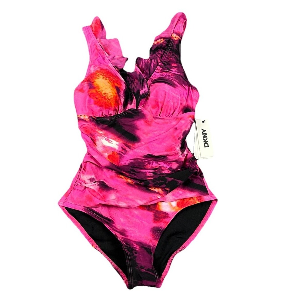 DKNY Women's One-Piece Ruched Ruffle Trim Swimsuit Pink/Red Splash Sz S DIMMS691 - Picture 1 of 9